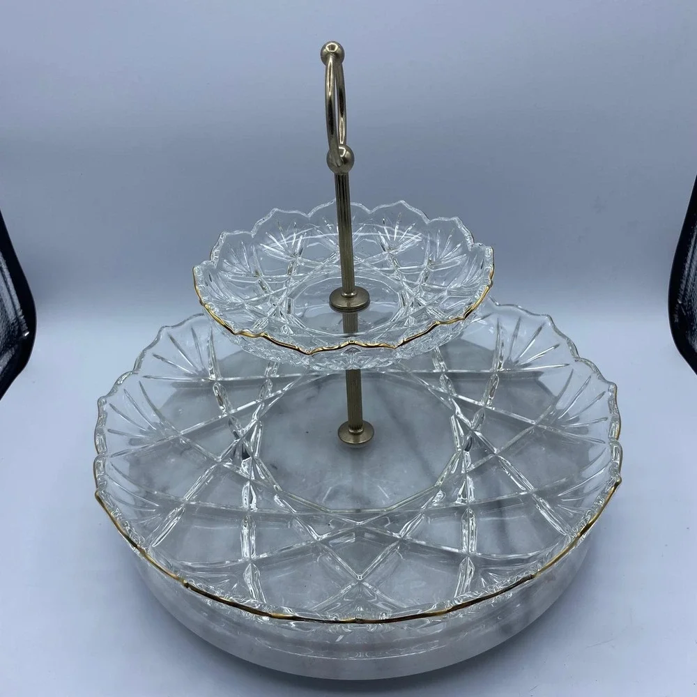 Vintage Mikasa Crystal Hampshire 2 Tier Gold Rim Glass Serving Stand Tray 12in